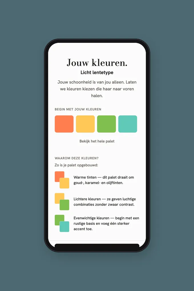 Kleuranalyse-app met een persoonlijk kleurtype en kleurenpalet als resultaat