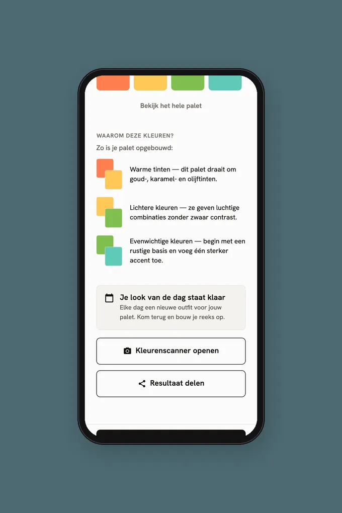 Kleuranalyse-app met een persoonlijk kleurtype en kleurenpalet als resultaat